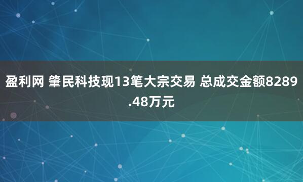 盈利网 肇民科技现13笔大宗交易 总成交金额8289.48万元
